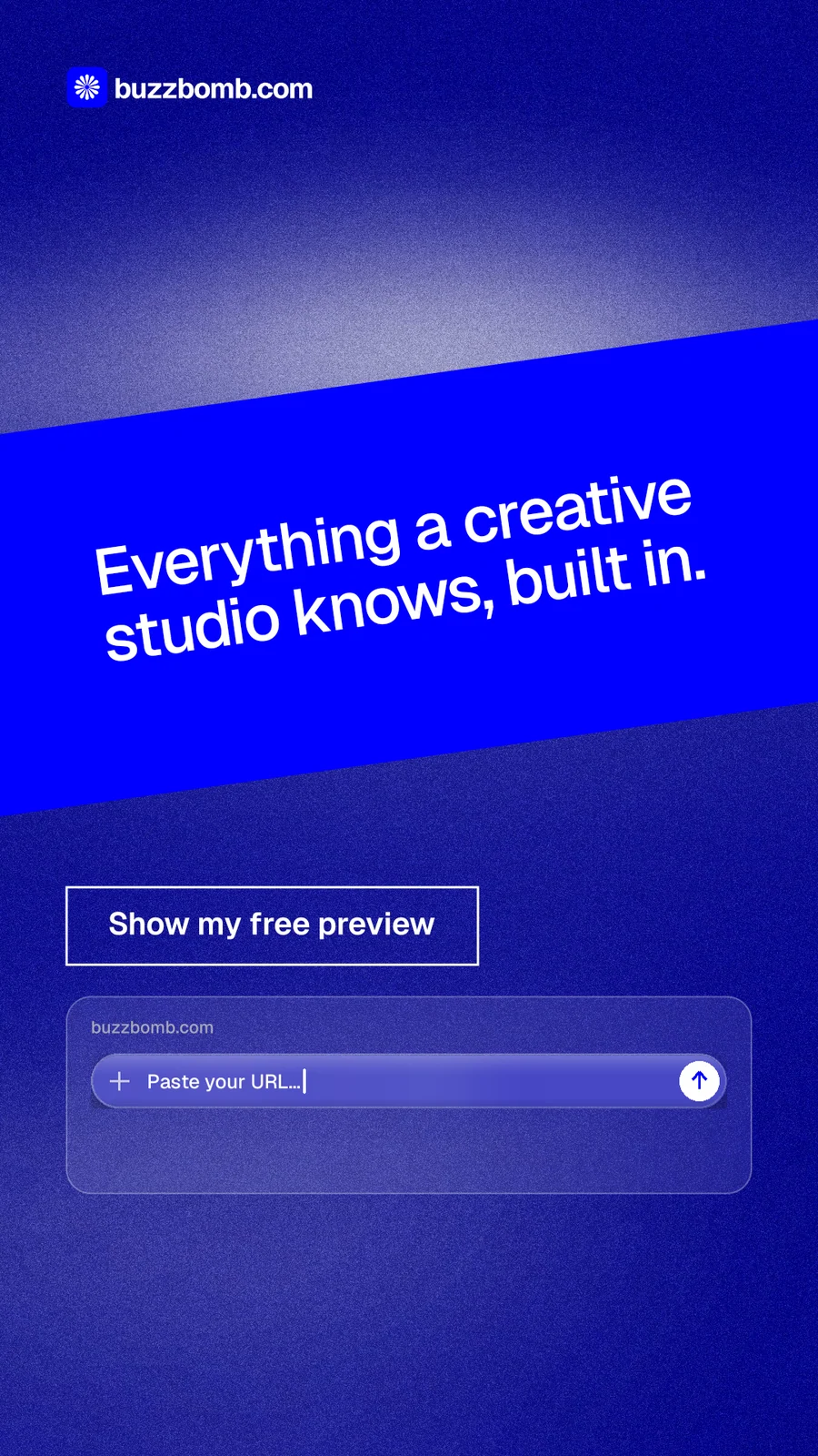 Instagram story for BuzzBomb: "Everything a creative studio knows, built in." Cyanotype style, diagonal layout, dark palette in blue.
