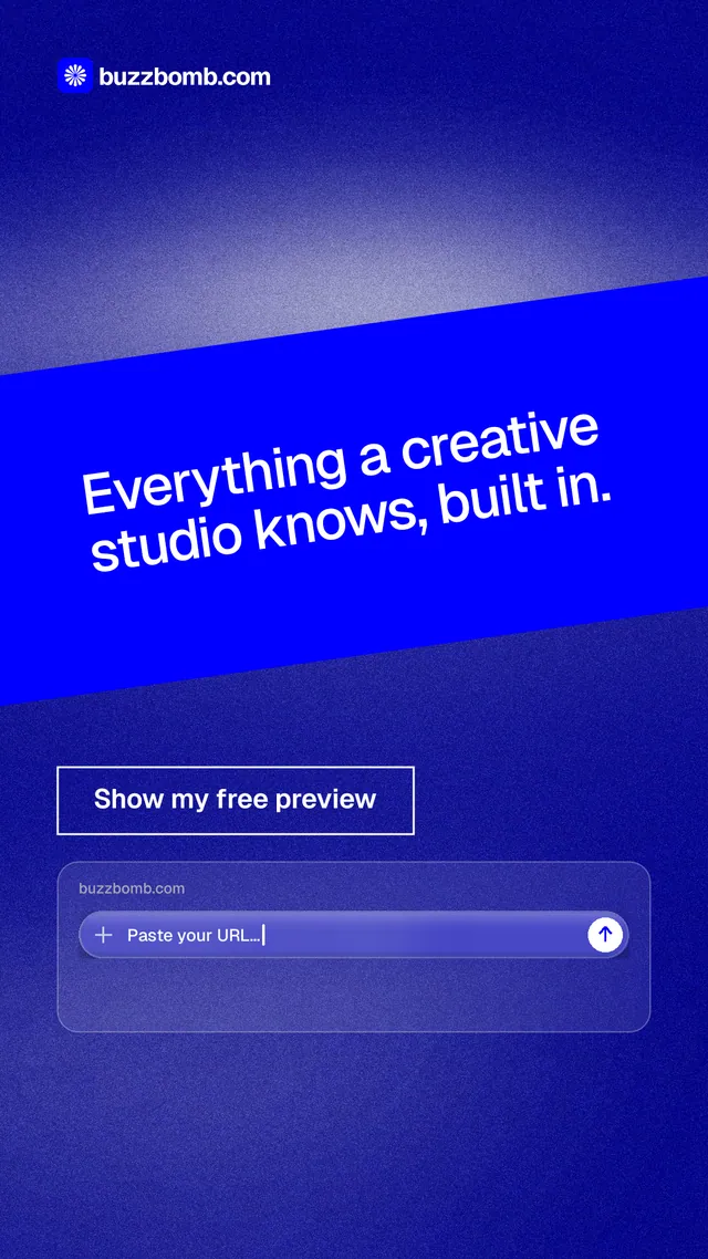 Instagram story for BuzzBomb: "Everything a creative studio knows, built in." Cyanotype style, diagonal layout, dark palette in blue.