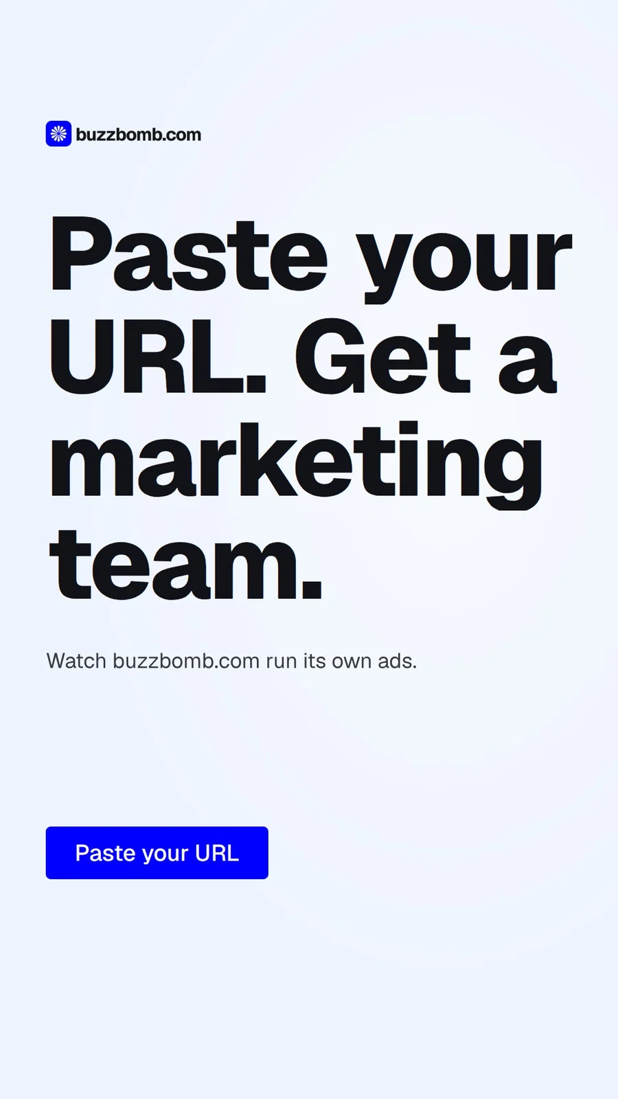 Video for BuzzBomb: "Paste your URL. Get a marketing team.". Doc motion loop, 8.0 s, light palette.