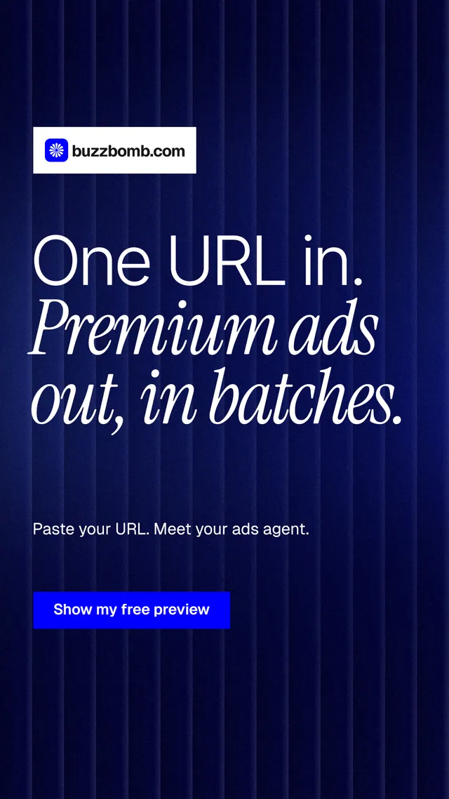 Instagram story for BuzzBomb: "One URL in. Premium ads out, in batches." Swiss style, announce layout, dark palette in black, blue.