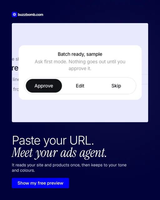 Video for BuzzBomb: "Paste your URL. Meet your ads agent.". Doc motion loop, 6.0 s, dark palette.