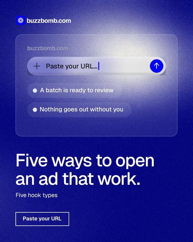 Instagram portrait post for BuzzBomb: "Five ways to open an ad that work." Cyanotype style, bottom layout, dark palette in blue.