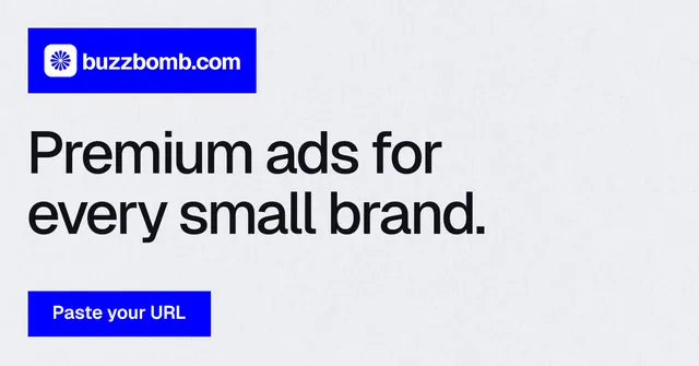 Social ad for BuzzBomb: "Premium ads for every small brand." Swiss style, announce layout, light palette in white, blue.
