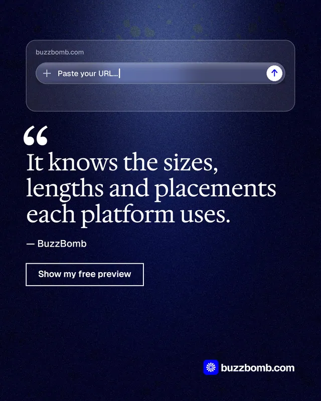 Instagram portrait post for BuzzBomb: "It knows the sizes, lengths and placements each platform uses." Dark deco style, quote layout, dark palette in black, blue.