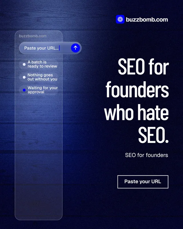 Instagram portrait post for BuzzBomb: "SEO for founders who hate SEO." Dark deco style, right layout, dark palette in blue, black.