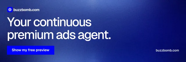 X header for BuzzBomb: "Your continuous premium ads agent." Swiss style, poster layout, dark palette in blue.
