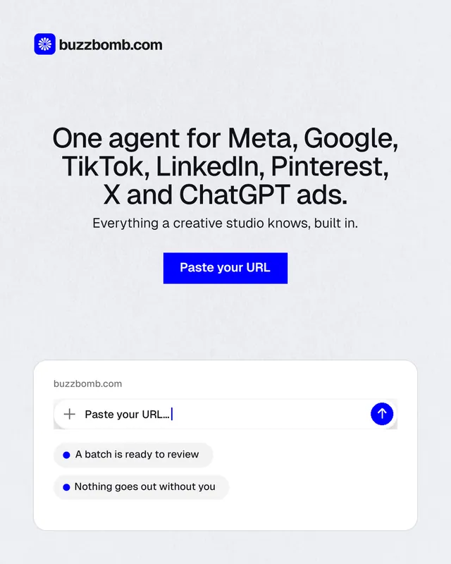 Instagram portrait post for BuzzBomb: "One agent for Meta, Google, TikTok, LinkedIn, Pinterest, X and ChatGPT ads." Swiss style, centred layout, light palette in white, blue.