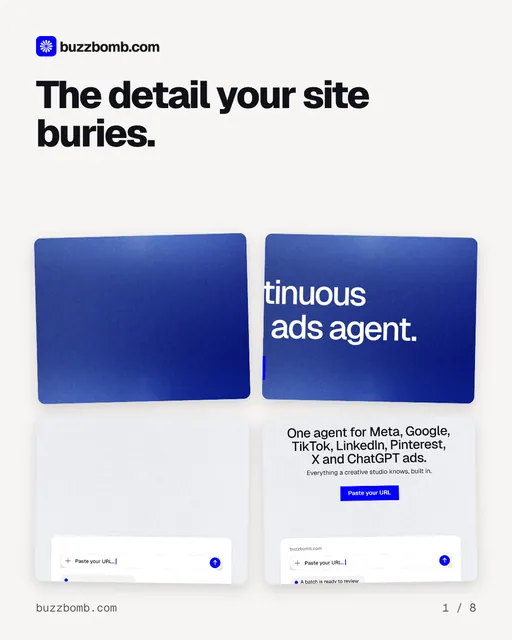 Carousel for BuzzBomb: "The detail your site buries.". Collection carousel, 8 slides, light palette.
