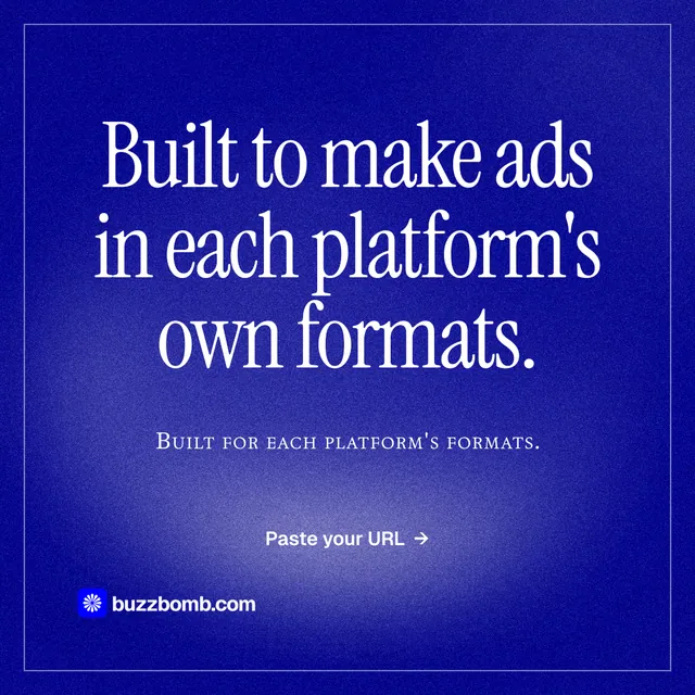 Instagram post for BuzzBomb: "Built to make ads in each platform's own formats." Editorial style, smallcaps layout, dark palette in blue.