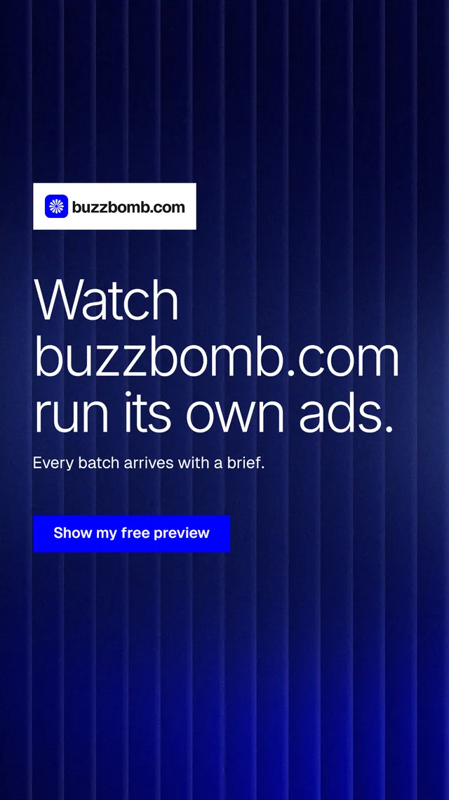 Instagram story for BuzzBomb: "Watch buzzbomb.com run its own ads." Swiss style, announce layout, dark palette in black, blue.