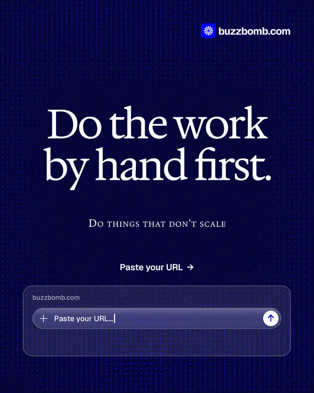 Instagram portrait post for BuzzBomb: "Do the work by hand first." Swiss style, smallcaps layout, dark palette in blue, black.