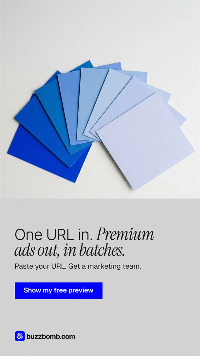 Instagram story for BuzzBomb: "One URL in. Premium ads out, in batches." Swiss style, bottom layout, light palette in white, blue.