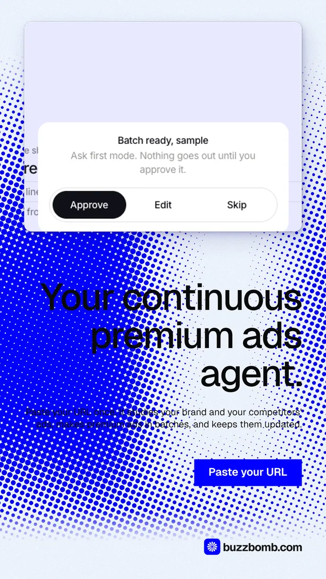 Instagram story for BuzzBomb: "Your continuous premium ads agent." Swiss style, right layout, light palette in white, blue.