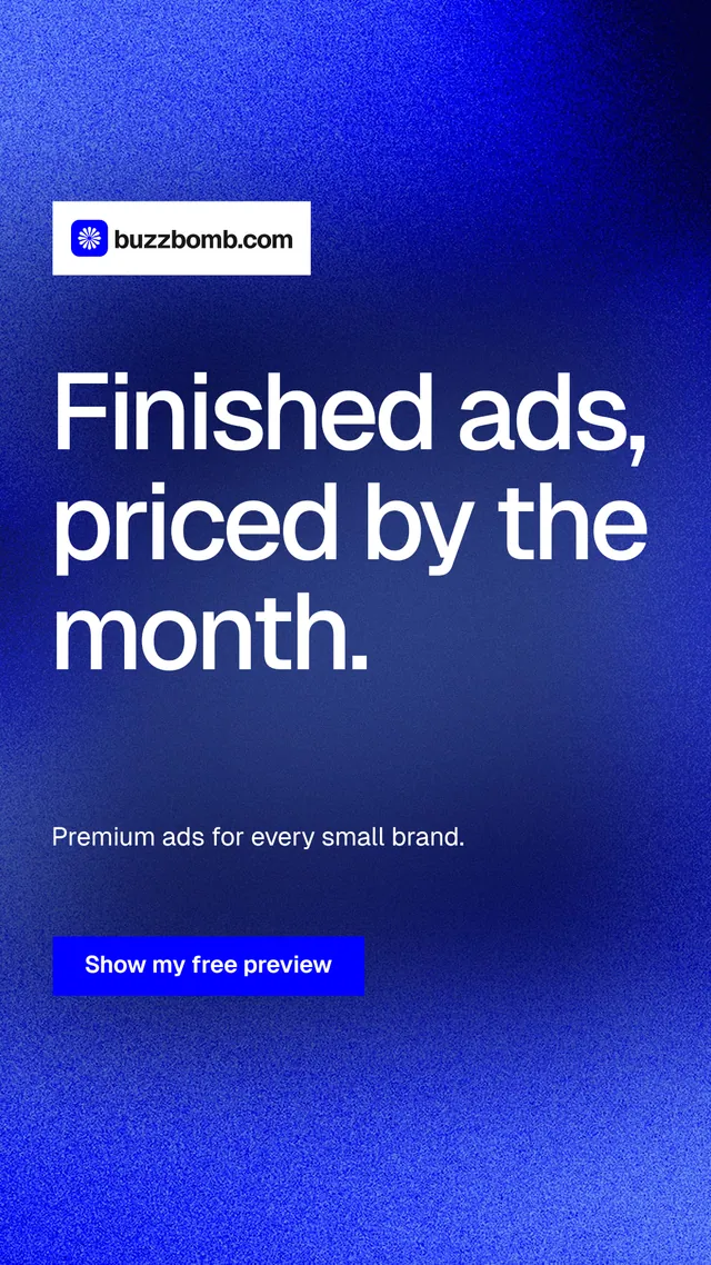 Instagram story for BuzzBomb: "Finished ads, priced by the month." Swiss style, announce layout, dark palette in blue.