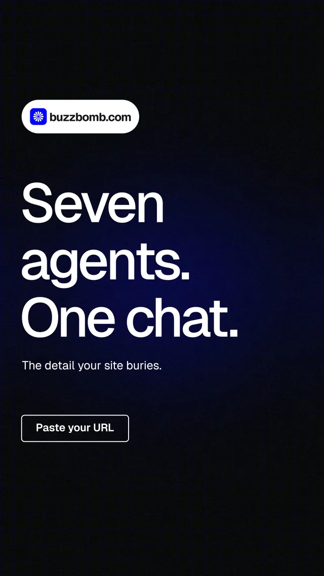 Instagram story for BuzzBomb: "Seven agents. One chat." Phosphor atlas style, announce layout, dark palette in black, grey.