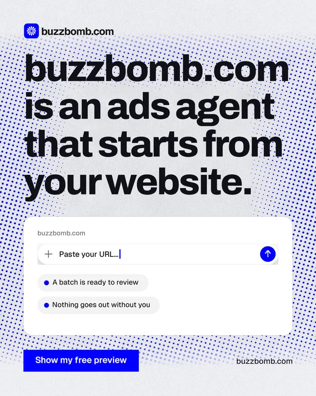 Instagram portrait post for BuzzBomb: "buzzbomb.com is an ads agent that starts from your website." Swiss style, poster layout, light palette in blue, white, grey.