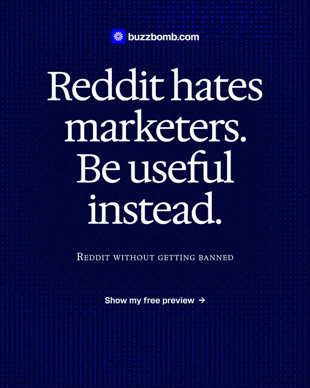 Instagram portrait post for BuzzBomb: "Reddit hates marketers. Be useful instead." Swiss style, smallcaps layout, dark palette in blue, black.