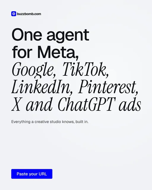Video for BuzzBomb: "One agent for Meta, Google, TikTok, LinkedIn, Pinterest, X and ChatGPT ads.". Doc motion loop, 7.0 s, light palette.