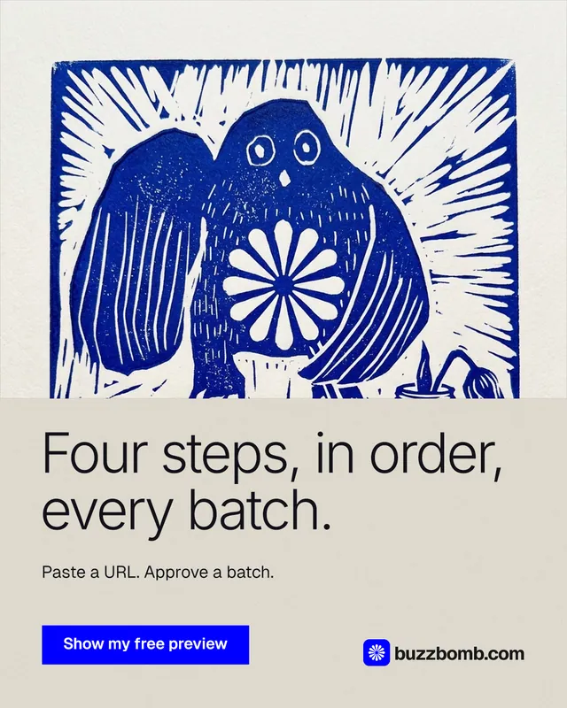 Instagram portrait post for BuzzBomb: "Four steps, in order, every batch." Swiss style, bottom layout, light palette in white, blue, grey.