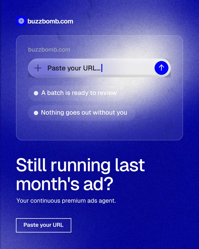 Instagram portrait post for BuzzBomb: "Still running last month's ad?" Cyanotype style, bottom layout, dark palette in blue.