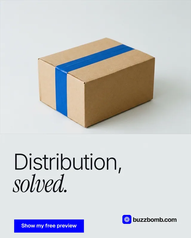 Instagram portrait post for BuzzBomb: "Distribution, solved." Swiss style, bottom layout, light palette in white, grey.
