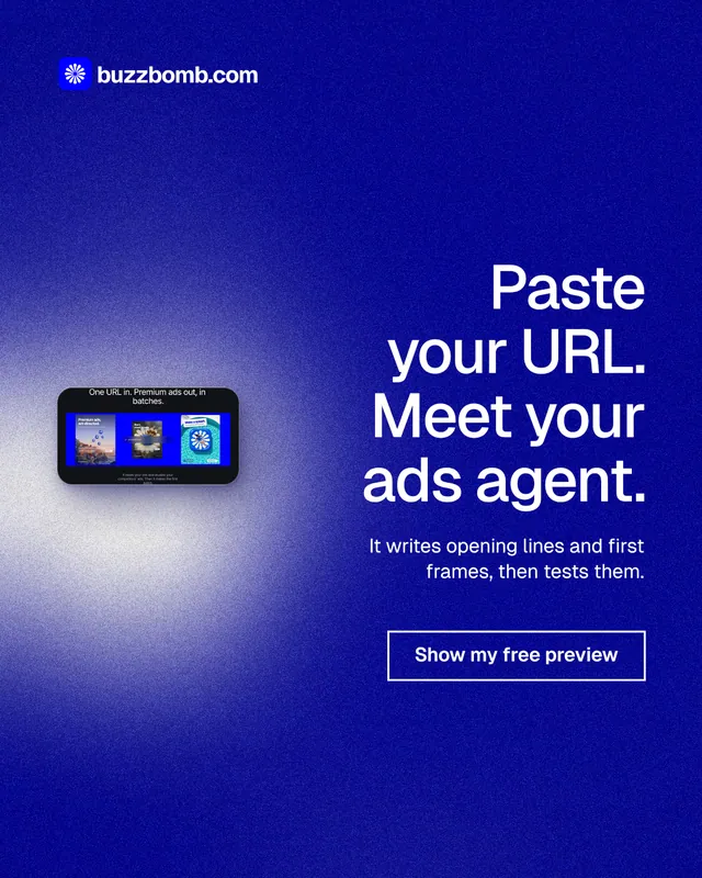 Instagram portrait post for BuzzBomb: "Paste your URL. Meet your ads agent." Cyanotype style, right layout, dark palette in blue.