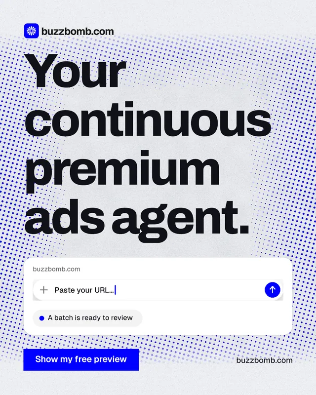 Instagram portrait post for BuzzBomb: "Your continuous premium ads agent." Swiss style, poster layout, light palette in blue, white, grey.