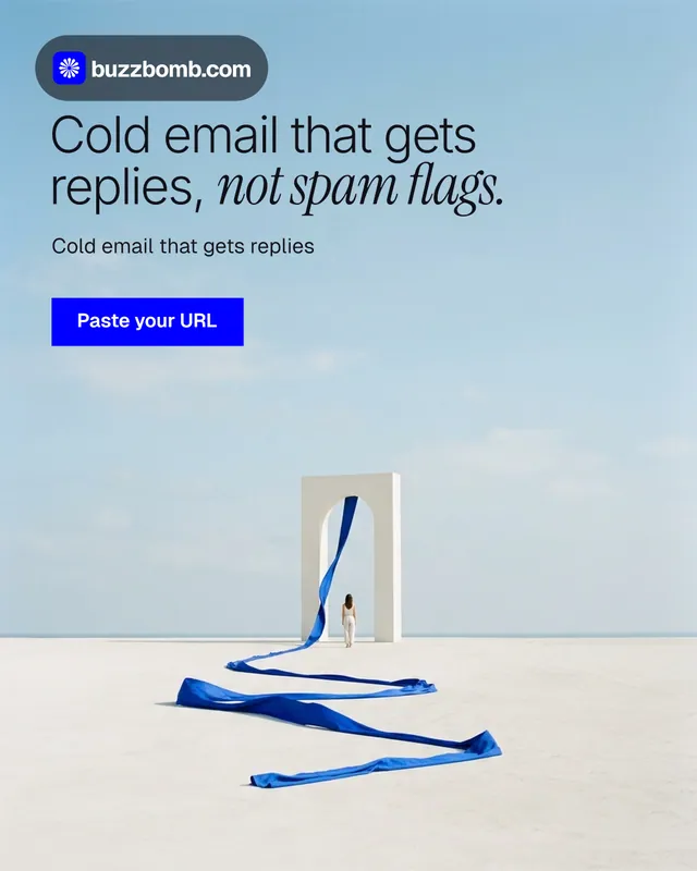 Instagram portrait post for BuzzBomb: "Cold email that gets replies, not spam flags." Swiss style, bottom layout, light palette in blue, white.