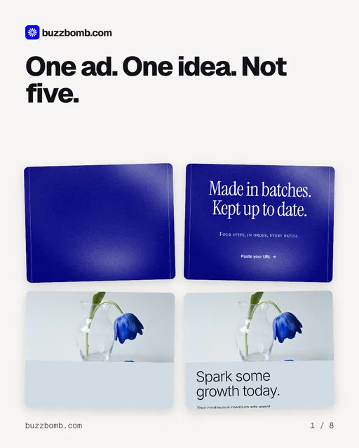 Carousel for BuzzBomb: "One ad. One idea. Not five.". Collection carousel, 8 slides, light palette.