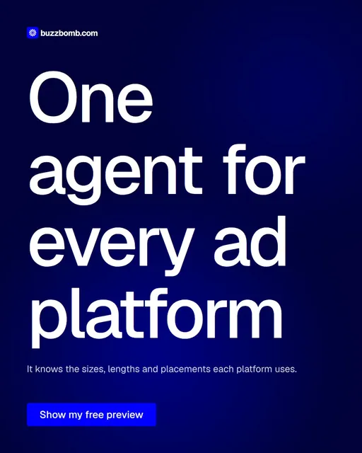Video for BuzzBomb: "One agent for every ad platform". Doc motion loop, 6.0 s, dark palette.