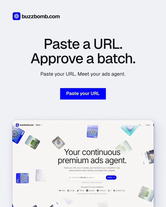 Instagram portrait post for BuzzBomb: "Paste a URL. Approve a batch." Swiss style, centred layout, light palette in white, blue.
