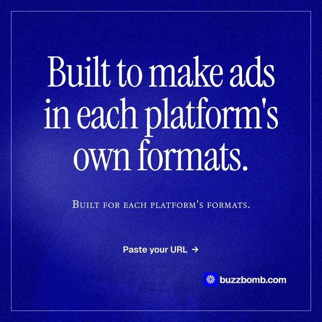 Instagram post for BuzzBomb: "Built to make ads in each platform's own formats." Editorial style, smallcaps layout, dark palette in blue.