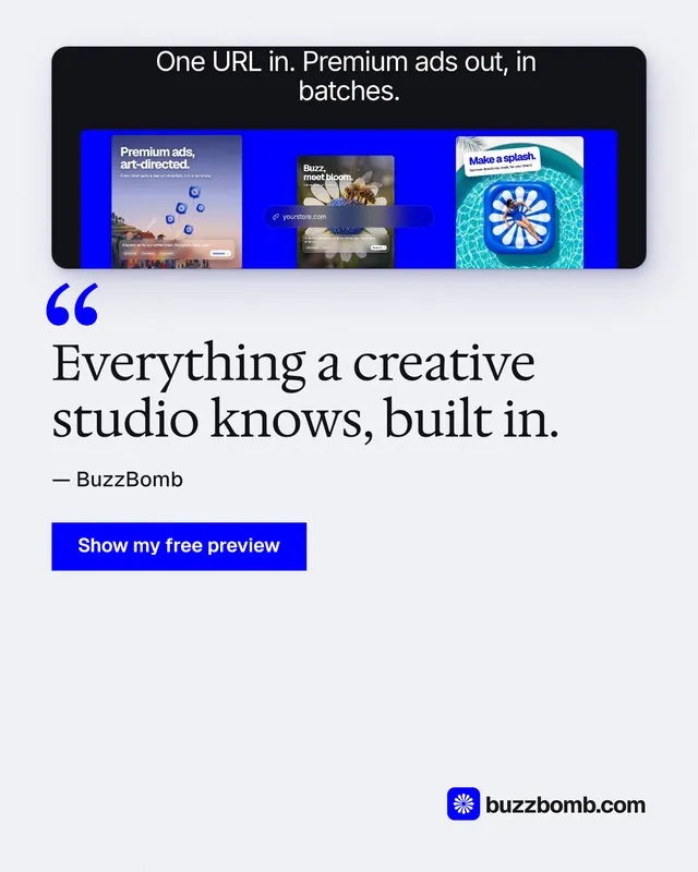 Instagram portrait post for BuzzBomb: "Everything a creative studio knows, built in." Swiss style, quote layout, light palette in white, blue.