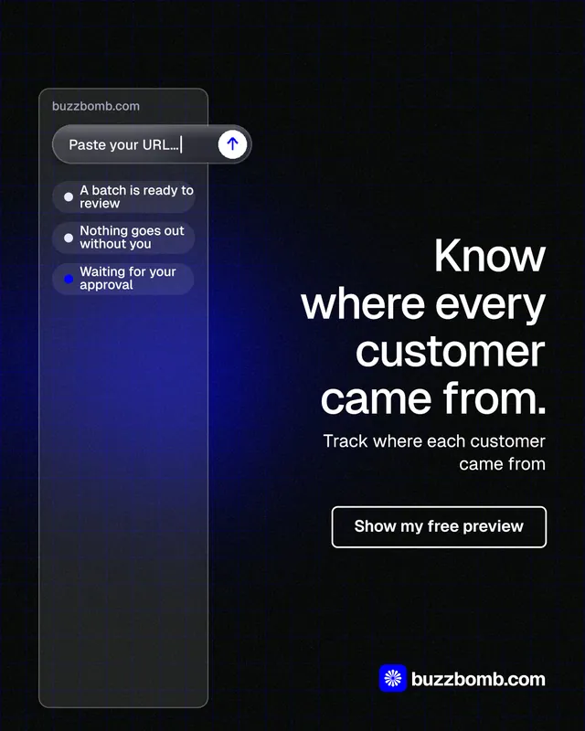 Instagram portrait post for BuzzBomb: "Know where every customer came from." Phosphor atlas style, right layout, dark palette in black, blue.