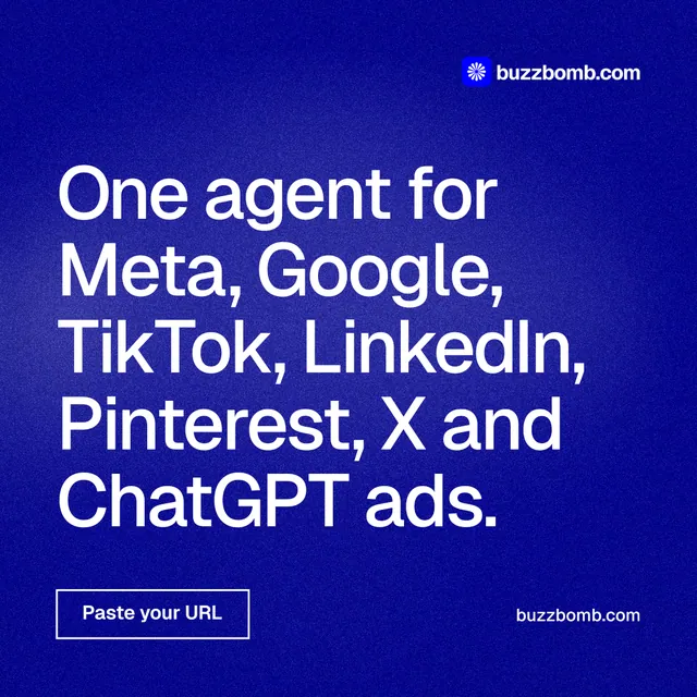 Instagram post for BuzzBomb: "One agent for Meta, Google, TikTok, LinkedIn, Pinterest, X and ChatGPT ads." Cyanotype style, poster layout, dark palette in blue.