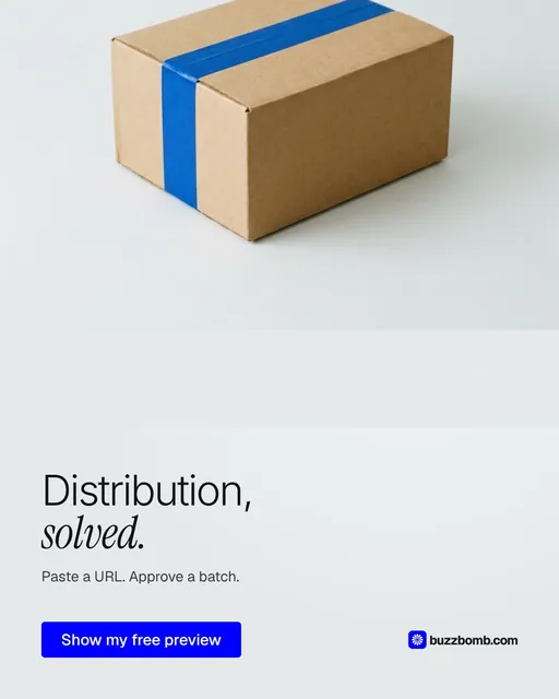 Video for BuzzBomb: "Distribution, solved.". Doc motion loop, 8.0 s, light palette.
