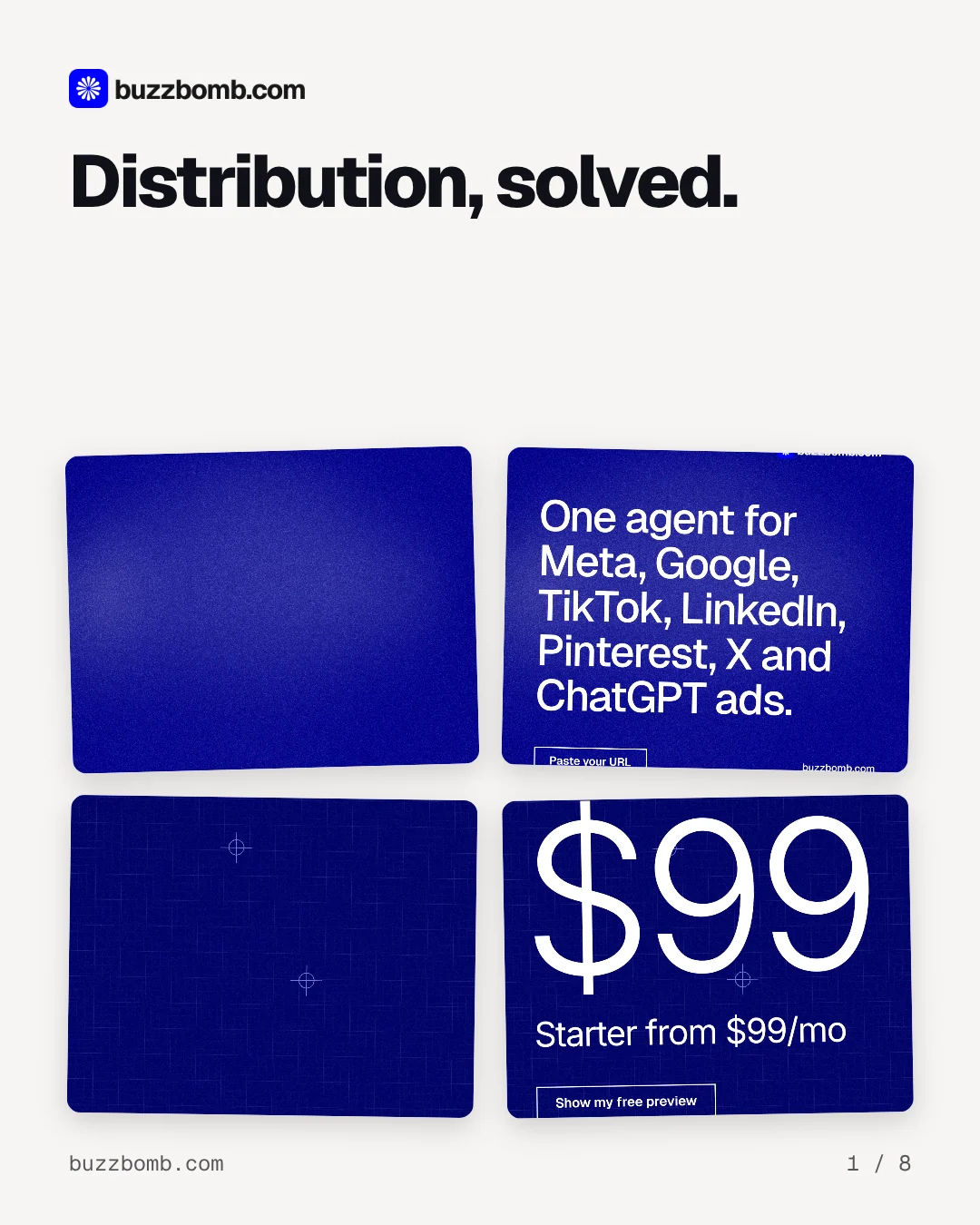 Carousel for BuzzBomb: "Distribution, solved.". Collection carousel, 8 slides, light palette.