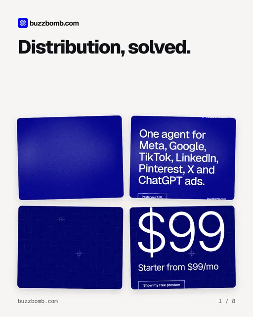 Carousel for BuzzBomb: "Distribution, solved.". Collection carousel, 8 slides, light palette.