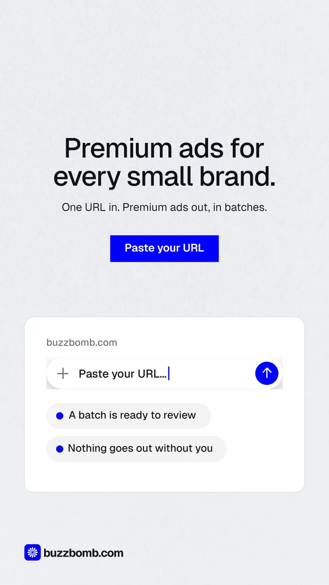 Instagram story for BuzzBomb: "Premium ads for every small brand." Swiss style, centred layout, light palette in white, blue.