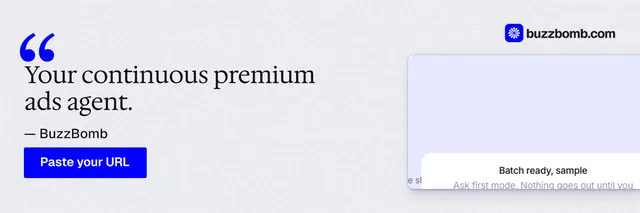 X header for BuzzBomb: "Your continuous premium ads agent." Data card style, quote layout, light palette in white, blue.