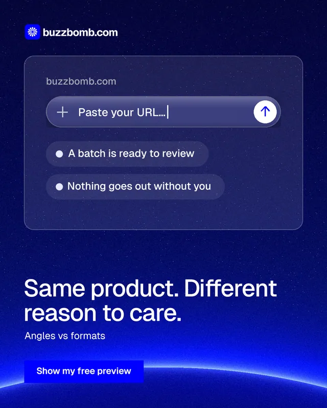Instagram portrait post for BuzzBomb: "Same product. Different reason to care." Swiss style, bottom layout, dark palette in blue.
