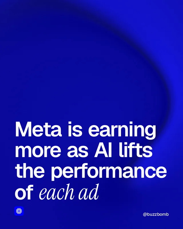 Instagram portrait post for BuzzBomb: "Meta is earning more as AI lifts the performance of each ad". Auto 4x5 style, technique:shader field layout, dark palette in blue.