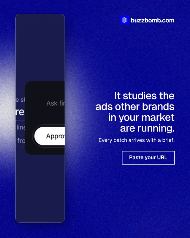Instagram portrait post for BuzzBomb: "It studies the ads other brands in your market are running." Cyanotype style, right layout, dark palette in blue.