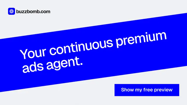 Landscape graphic for BuzzBomb: "Your continuous premium ads agent." Swiss style, diagonal layout, light palette in blue, white.