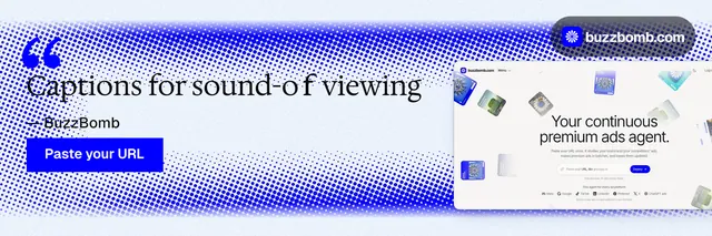 X header for BuzzBomb: "Captions for sound-off viewing". Swiss style, quote layout, light palette in white, blue.