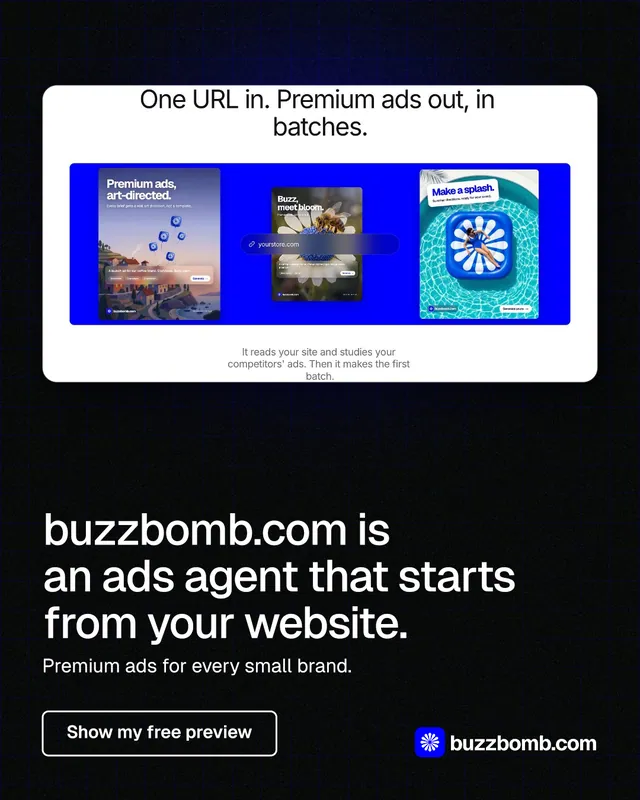 Instagram portrait post for BuzzBomb: "buzzbomb.com is an ads agent that starts from your website." Phosphor atlas style, bottom layout, dark palette in black, grey, blue.