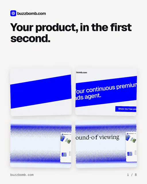 Carousel for BuzzBomb: "Your product, in the first second.". Collection carousel, 8 slides, light palette.