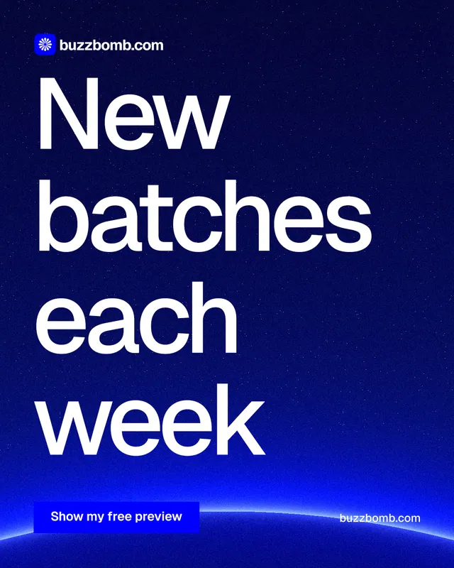 Instagram portrait post for BuzzBomb: "New batches each week". Swiss style, poster layout, dark palette in blue.