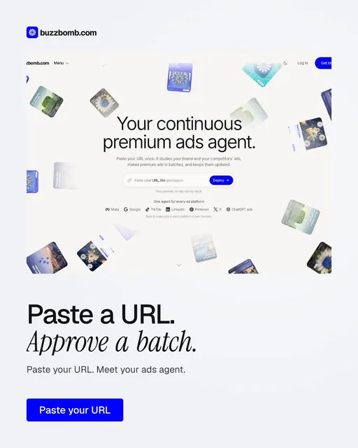 Video for BuzzBomb: "Paste a URL. Approve a batch.". Doc motion loop, 7.0 s, light palette.