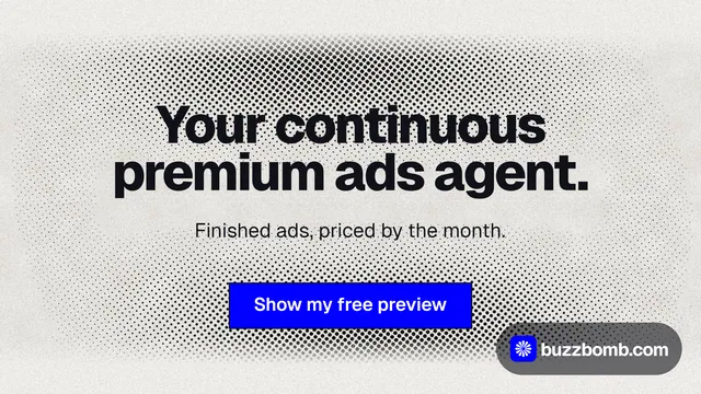 Landscape graphic for BuzzBomb: "Your continuous premium ads agent." Ink sticker style, centred layout, light palette in white, grey.